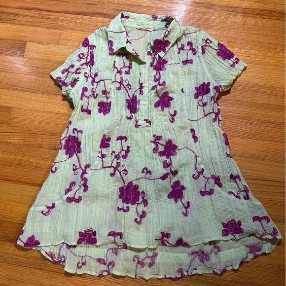 Soft Surroundings Shirt Mint Gauze w/Magenta Embroidery Pleated M (f6 - Picture 10 of 10